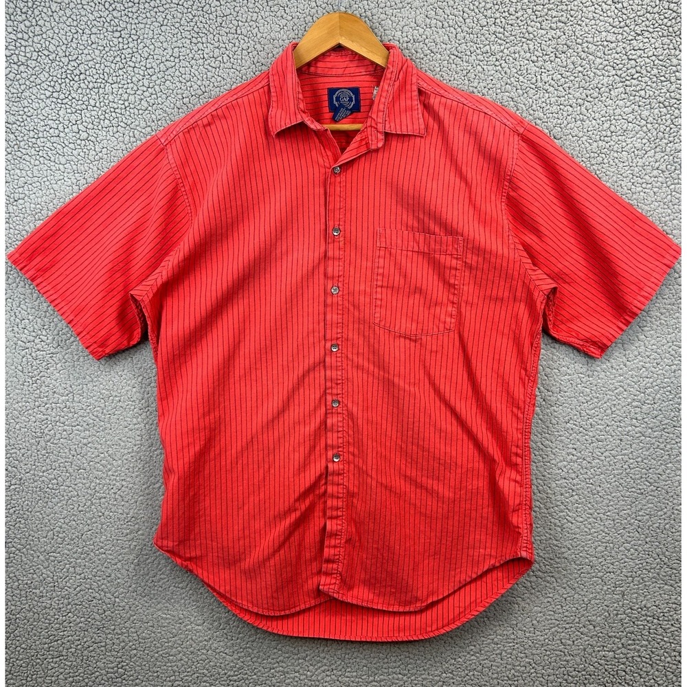 Vintage GAP Shirt Mens Large Red Black Stripe Button Up Made‎ USA Workwear 90s